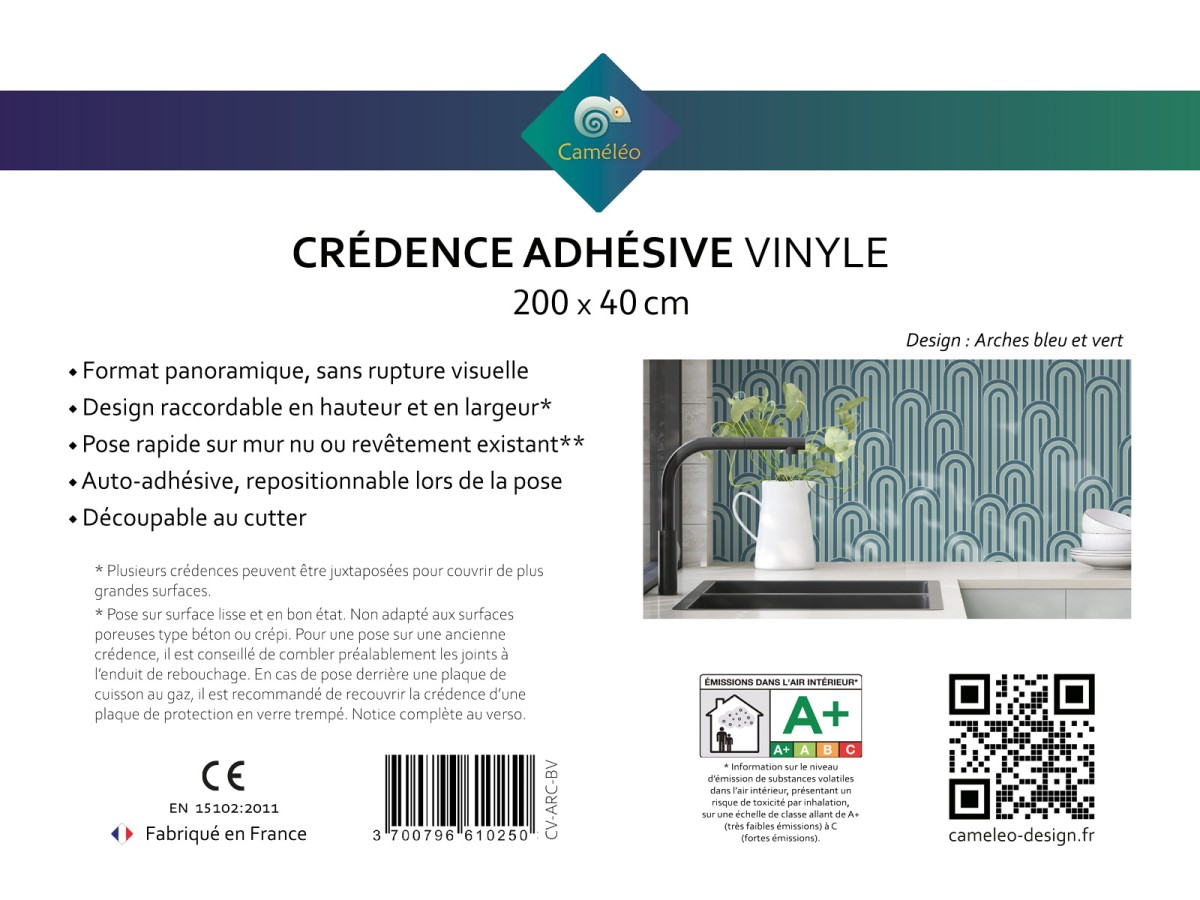 Crédence cuisine adhésive Arches bleu et vert - notice recto